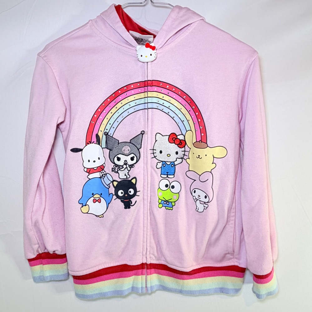 Sanrio Hello Kitty and Friends Pink Rainbow Rhinestone‎ Zip Hoodie Girls M 7/8